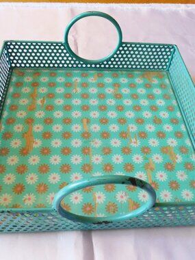 Aqua Metal Tray with Round Handles and Wood Insert # 6060
